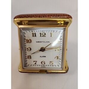 VTG Westclox Travel Alarm Clock Folding Brown Pebbled Pigskin Look Works
